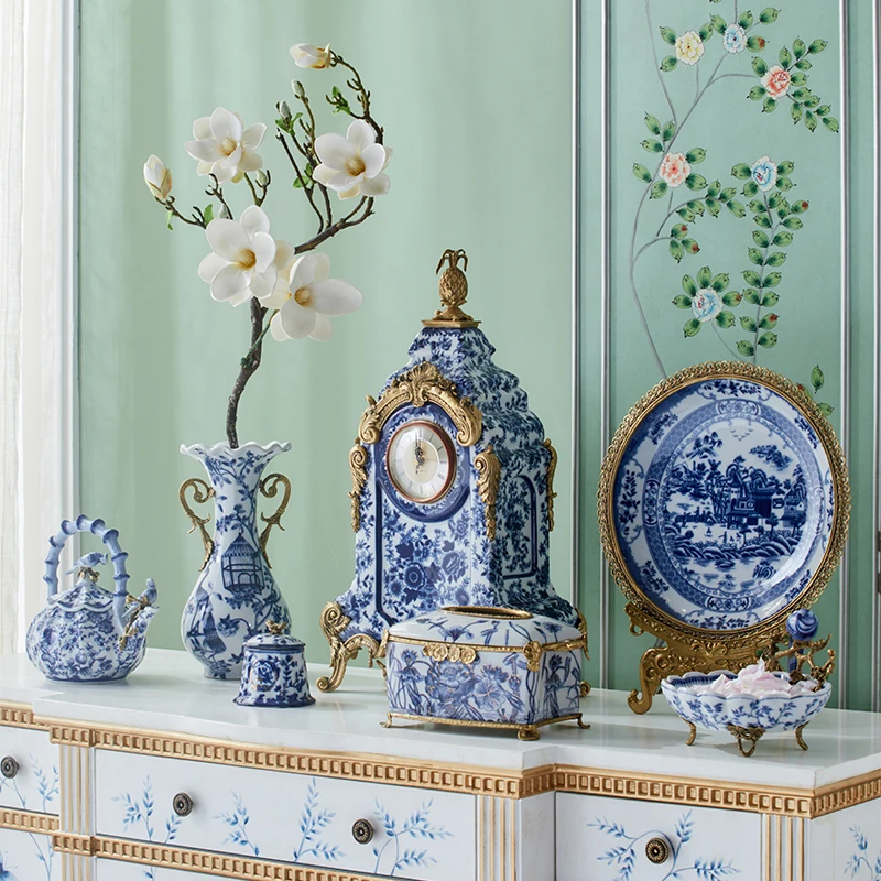 Chinese style ceramic inlaid copper blue and white porcelain vase flower and bird tissue box living room decoration ornament