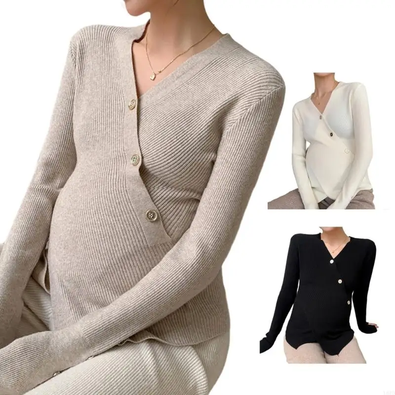 長袖クロスディテール付きマタニティセーター、妊婦用通気性ニットデザインプルオーバートップ