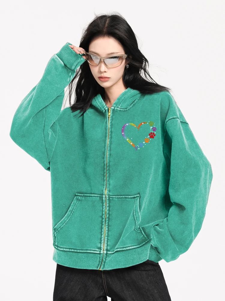 Colorful Feet Love Print Washed Zipper Sweatshirts Women Cotton Hoodies Autumn Oversize Hoodie Casual All-Match Streetwear