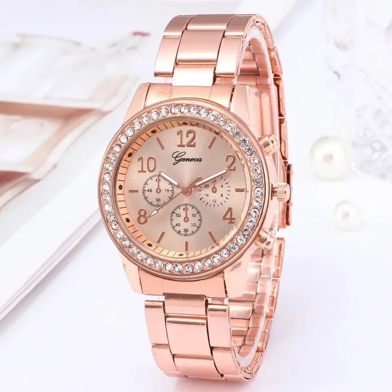 Luxo quartzo relógio feminino negócios moda casual redondo strass prata pulseira de aço inoxidável relógio de pulso relogio feminino