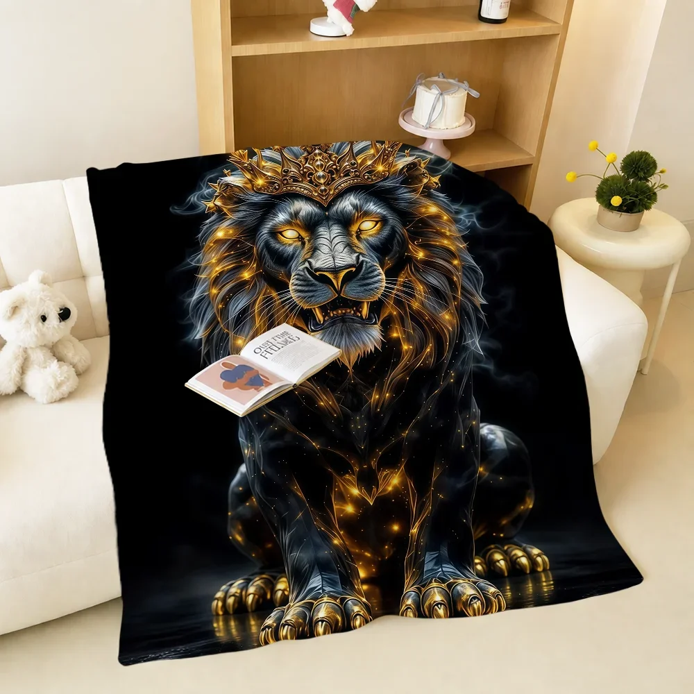Crown King Lion Black Gold Art Cool Warm Soft Plush Blanket For Sofa Living Room Nap Home Bedroom Travel Gift Flannel Pet Hogar
