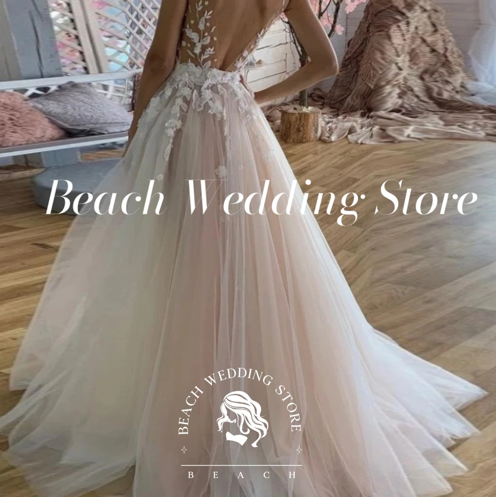 Beach Customized wedding Dress Flower For Women A-Line Deep V-Neck Appliques Sleeveless Backless Tulle Floor Length Bridal Gowns image 2