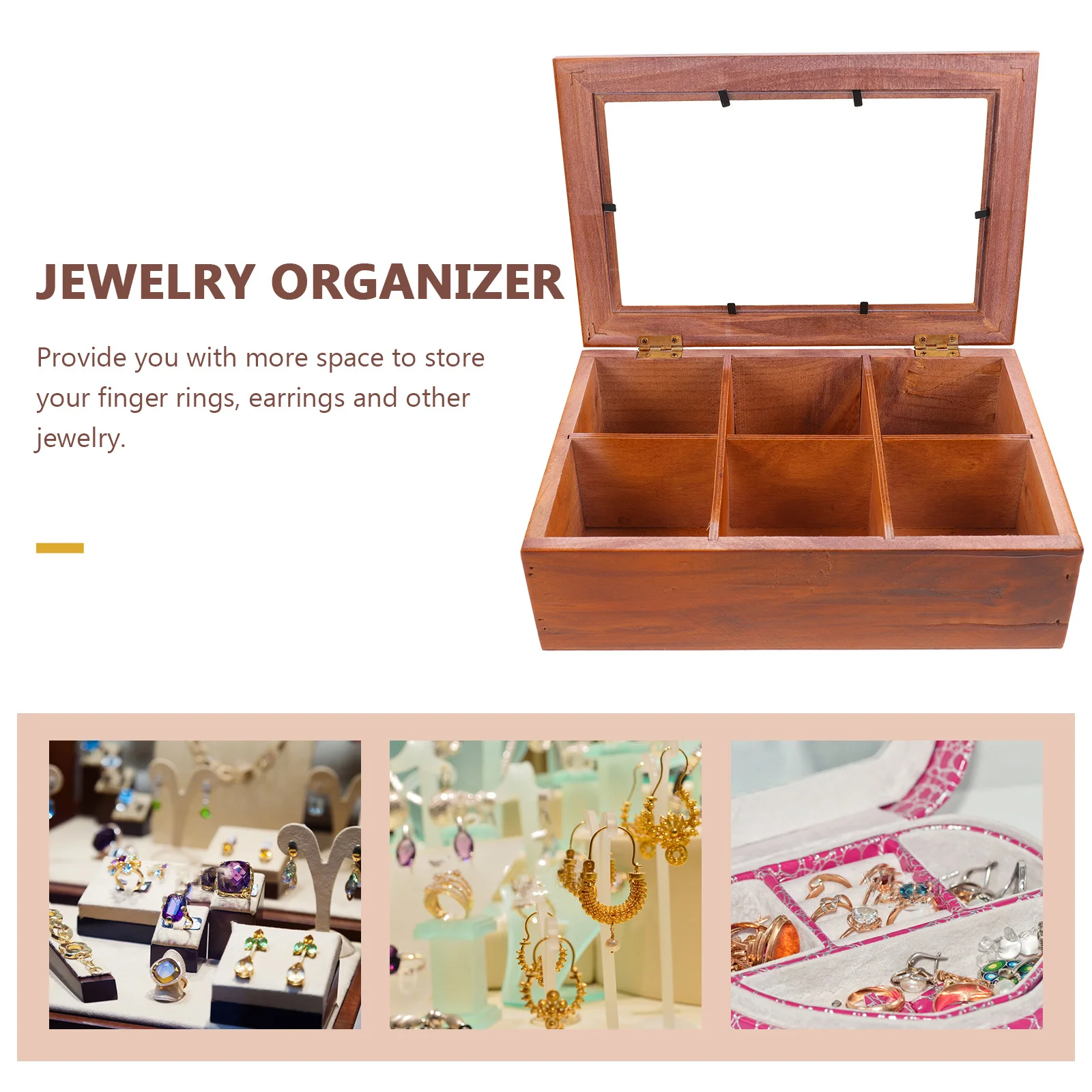 

Коробка для хранения ювелирных изделий, деревянный органайзер, держатель для безделушек в винтажном стиле, прозрачная крышка, портативный подарочный чехол для колец, сережек