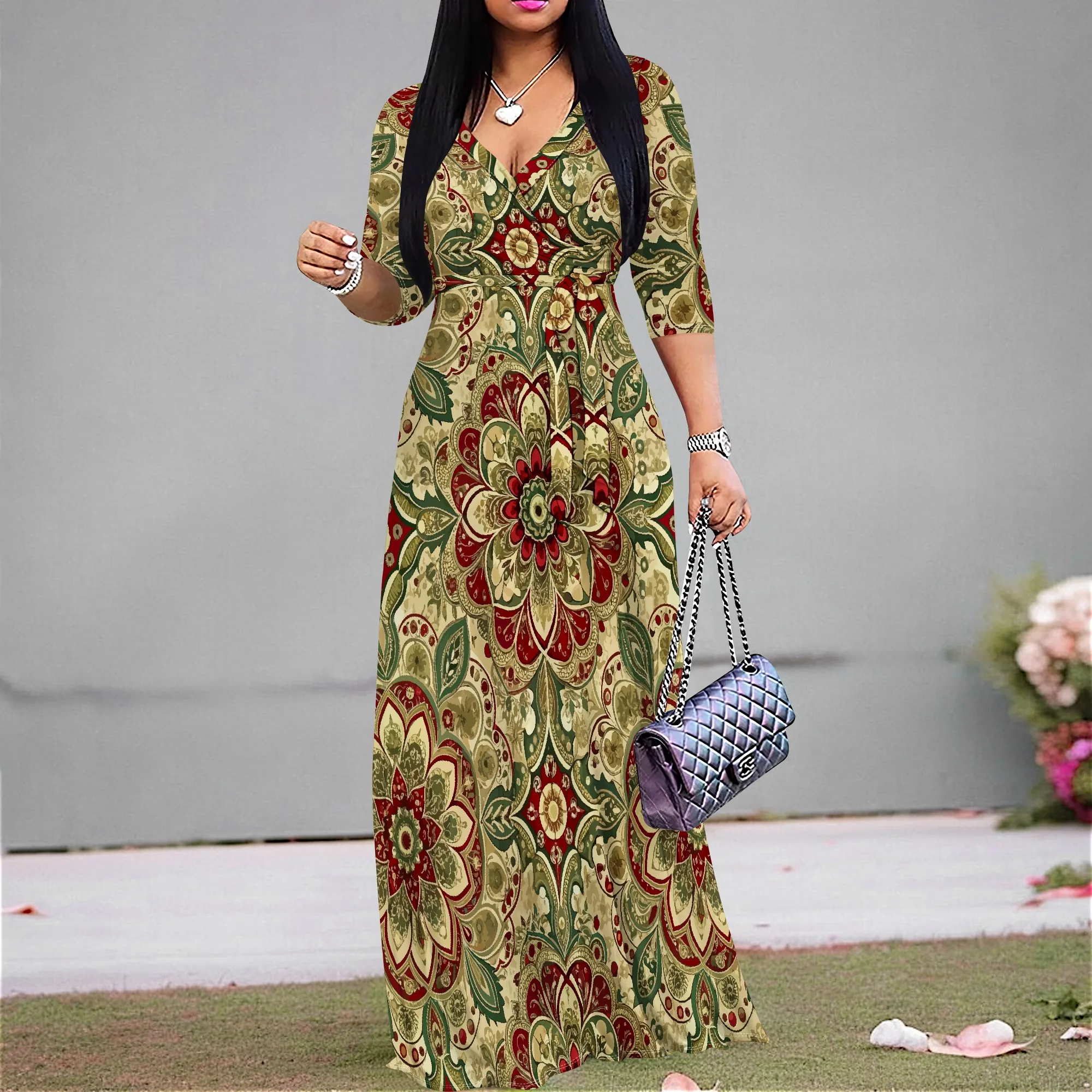 

Boho Mandala Maxi Dress Red Green Floral Print S-2XL Autumn Long Dress for Thanksgiving or Holiday Gathering
