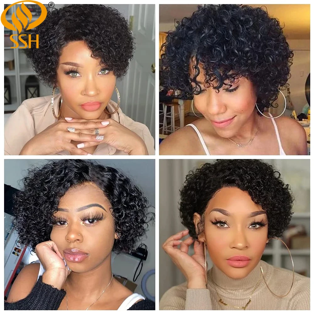 Wear Go Glueles Curly Wigs Short Pixie Cut Human Hair For Women Natural Black Remy Hair 150% Density Cheap Side Part Human Wigs