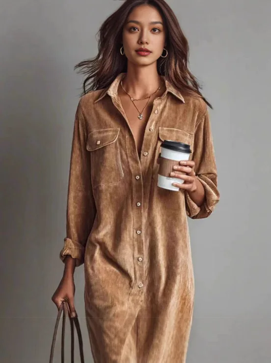Winter Women Corduroy Dress - Retro Solid Ribbed Elegant Single Breasted Lapel Shirt Dress with Slit, Long Sleeve Female Clothi
