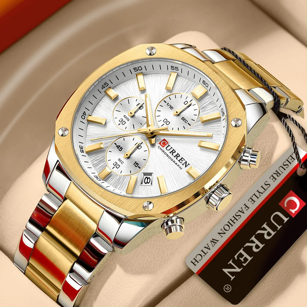 CURREN Men's Quartz Watch Luminous Timer Code Steel Band Calendar Function Night Glow Feature