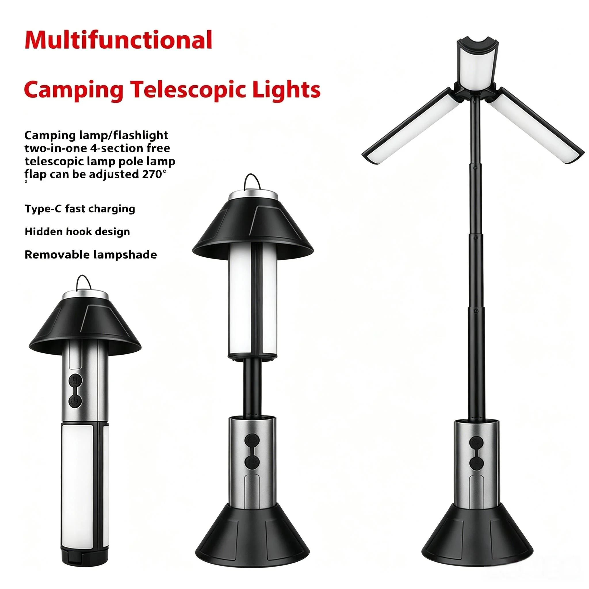 TTelescopic Camping Light Multifunctional Flashlight USB Rechargeable  Laser Torch Emergency Tent Lamp Hiking Fishing Outdoor