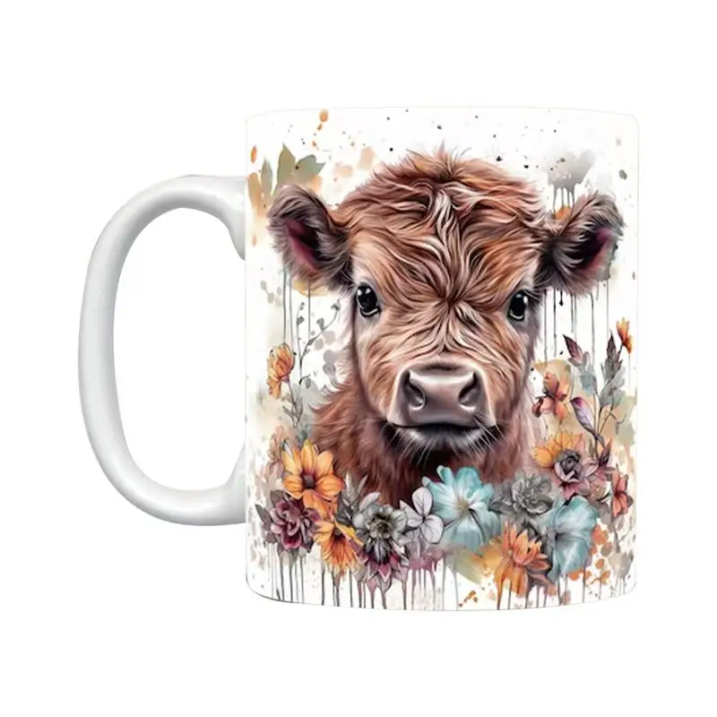 Highland Cow Mug 11 Ounces 3D Animal Flower Mug Highland Cow Ceramic Cup For Women Cute Scottish Highland Cow Flowers Cofee Mug