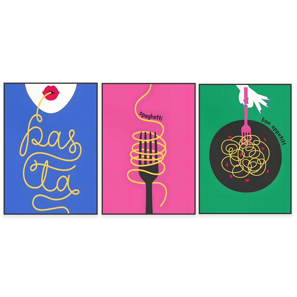 Colorful spaghetti art print, preppy kitchen wall decor, pasta dish, pasta lovers poster