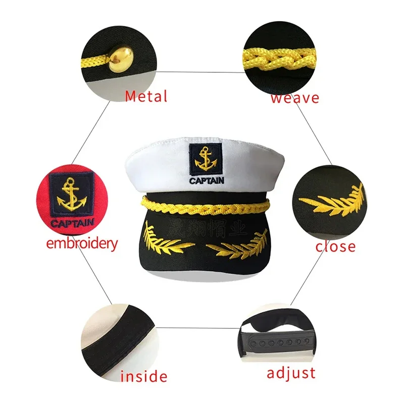 Adult Yacht Sailor Captain Hat Adjustable Men\'s and Women\'s Party Hats Makeup Ball Dressing Event Boat Navy Captain Military Cap