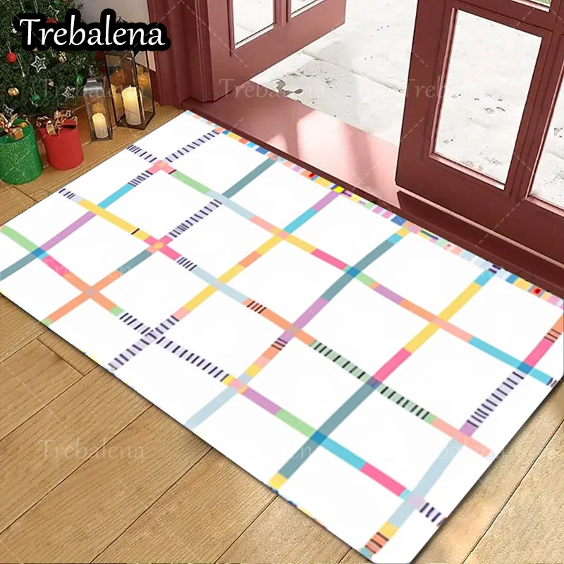 

1pc Welcome Door Mat Colorful Plaid Pattern Soft Indoor Outdoor Entrance Floor Mat