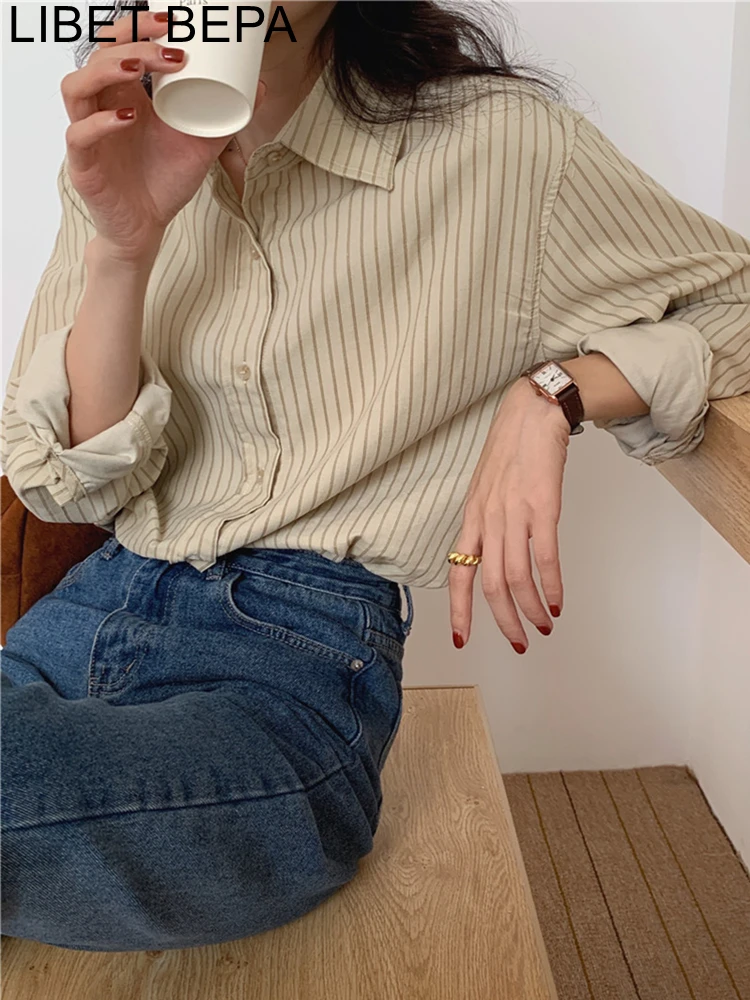 BL9352 New 2024 Fashionable Korean Striped Vintage Shirts Oversized Corduroy Spring Summer Women\'s Blouses Elegant Lady Tops