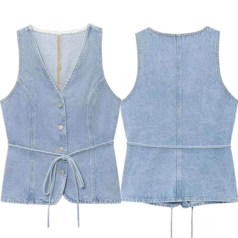 Minimalist Blue Denim Sleeveless Shirt French Country Lazy Lace Casual Denim Vest Women Tank Tops