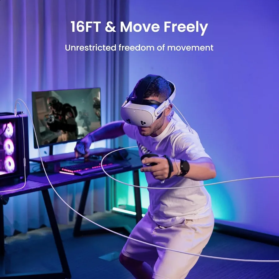 كابل ربط بتصميم KIWI مع شحن بطول 16 قدم متوافق مع Meta Quest 3S 3 2 Pro Pico 4 Accories والكمبيوتر SteamVR USB 3.0 إلى USB C