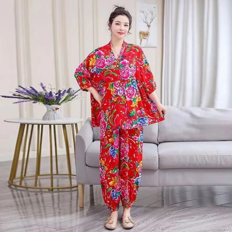 Pajamas Woman Cardigan Puff Sleeve Black Flower Long Sleeve Korean Version Thin Home Set Can Be Worn Outside