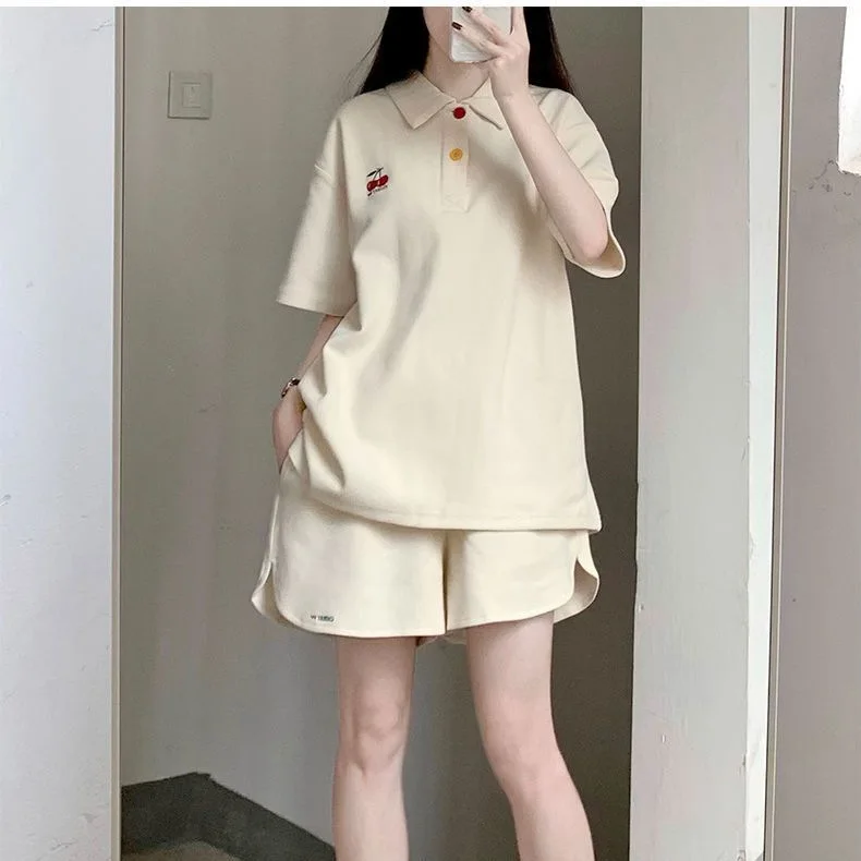 Conjunto de ropa deportiva de camisa polo para niña, pantalones cortos de manga corta sueltos informales de verano para mujer, conjunto de dos piezas