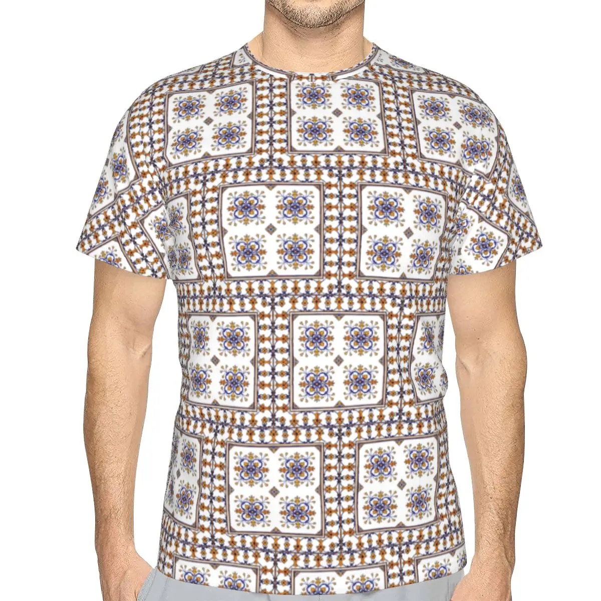 Traditional Portuguese Azulejo Blue Orange Floral Tile Pattern 100% Cotton T-Shirt Men'sClassic T Shirts Men O-Neck Short Sleeve