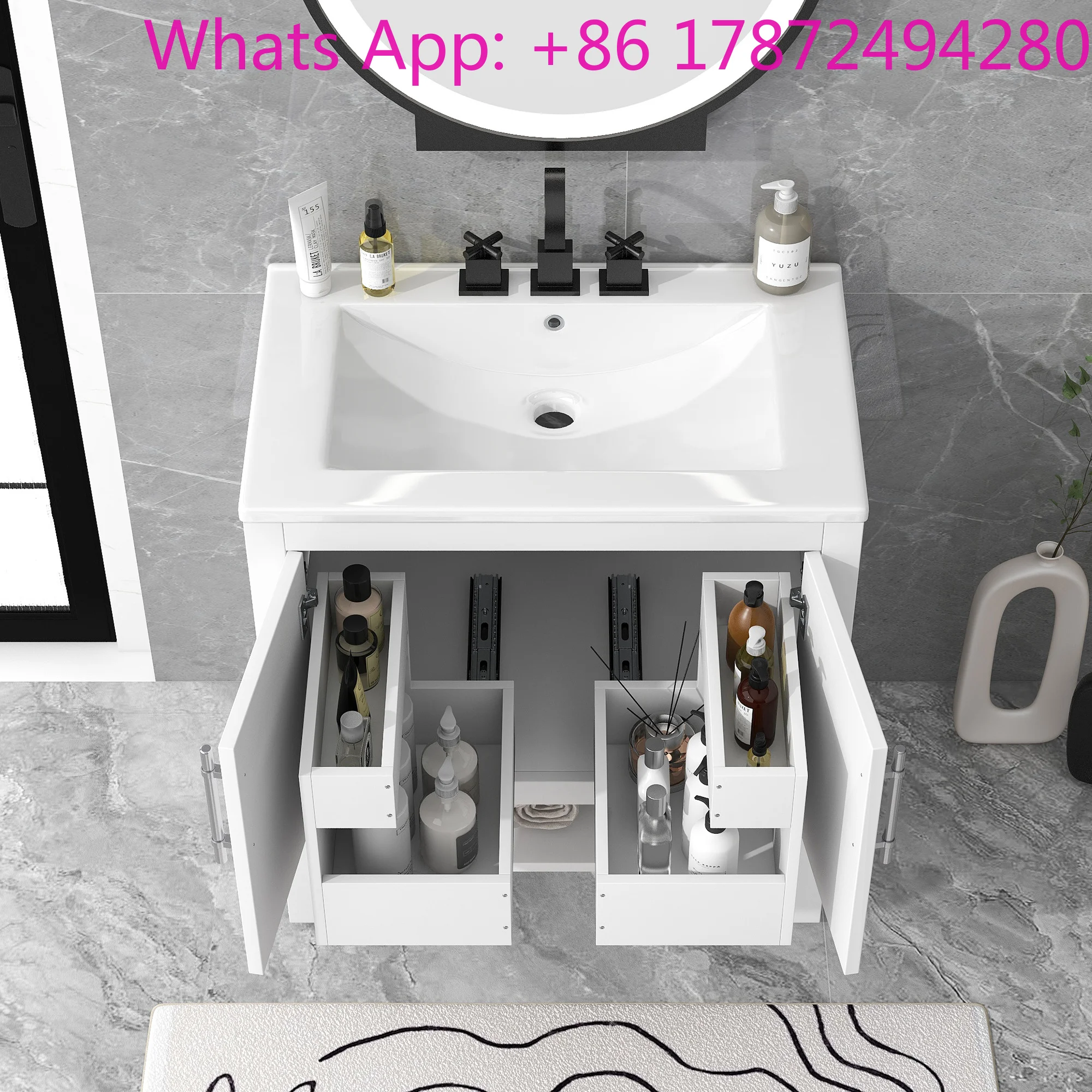 Multi-functional Bathroom Cabinet with Doors and Drawers, Solid Frame and MDF Board