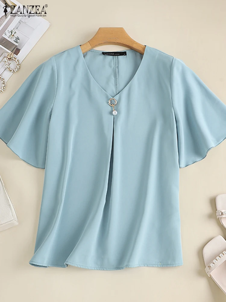 

Women Summer Blouses ZANZEA Elegant V Neck Flare Sleeve Office Shirts Fashion Solid Work OL Tunic Tops Female Chemise Oversize