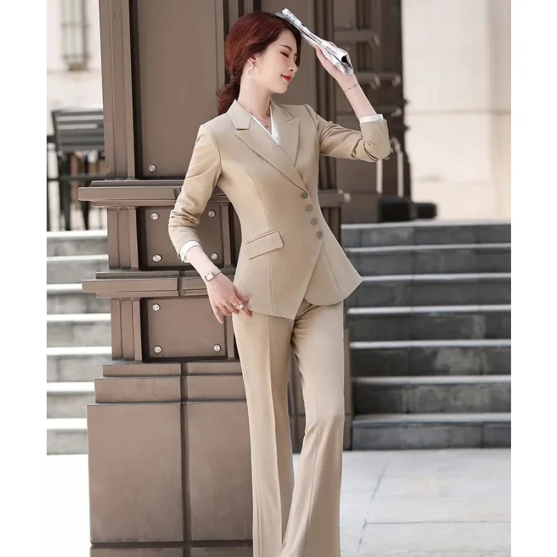 Women High Quality Asymmetric Formal Pant Suit 5XL Fashion Beige Khaki Blazer 2 Piece Set OL Ladies Winter Jacket With Trousers