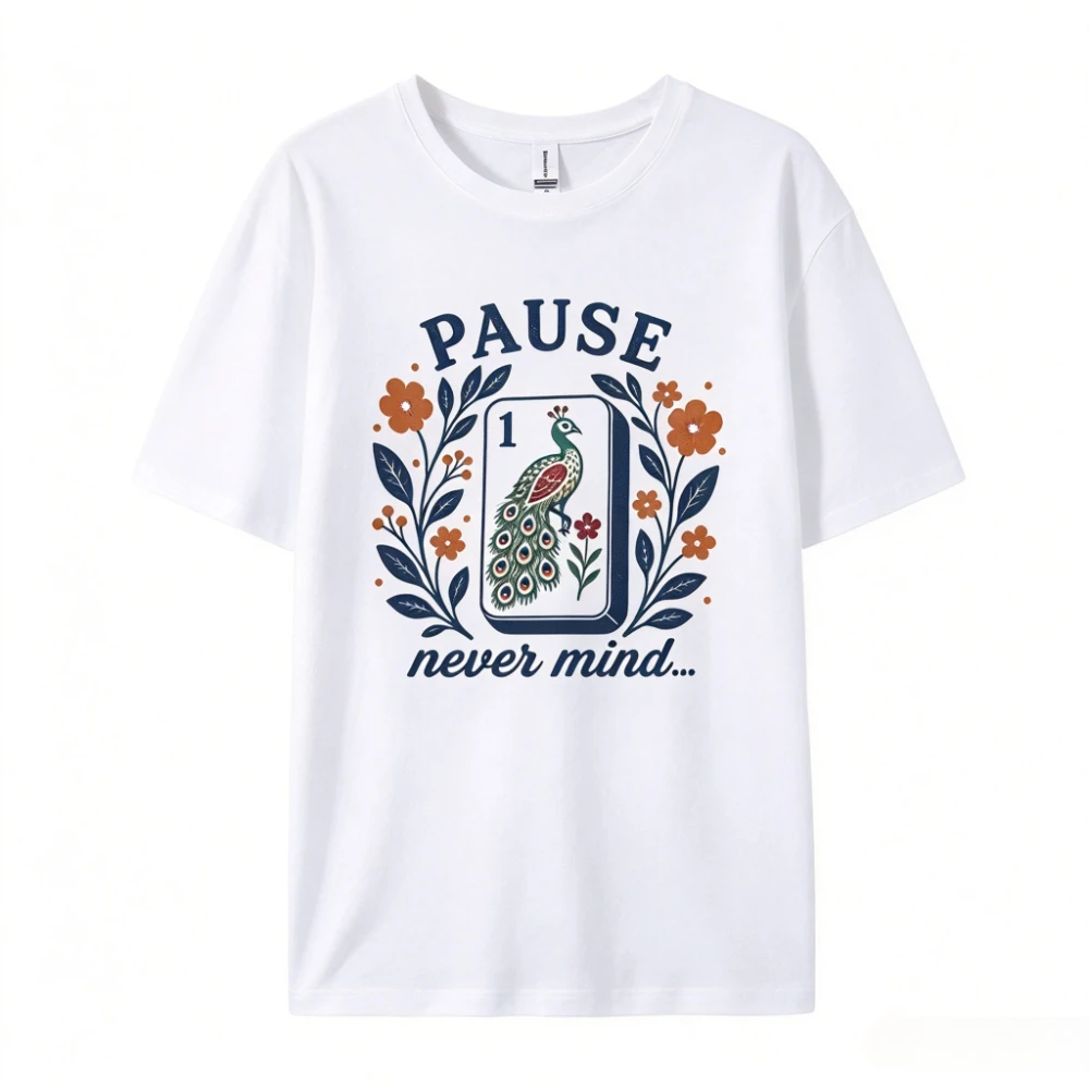 Vintage Pause Never Mind Graphic Tee Retro Aesthetic Mahjong Club Shirt Loose Cotton Top Funny Mahjong Lover T-Shirts for Women