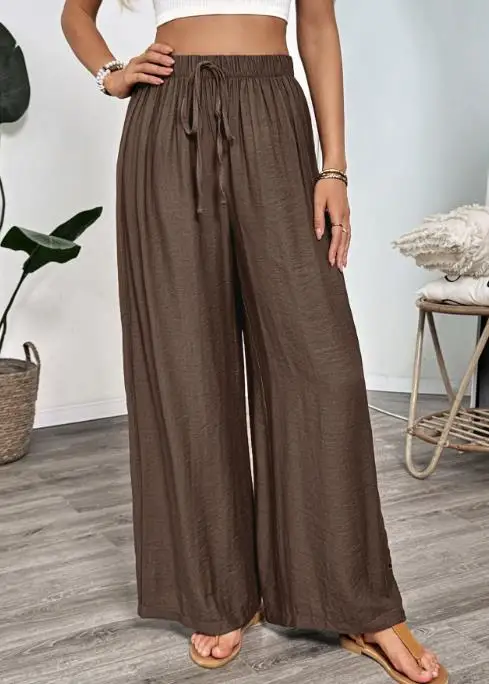 

2025 Summer Women, High Waisted Wide Leg Pants Casual and Minimalist Style Lace Up Embroidered Solid Color Loose Wide Leg Pants