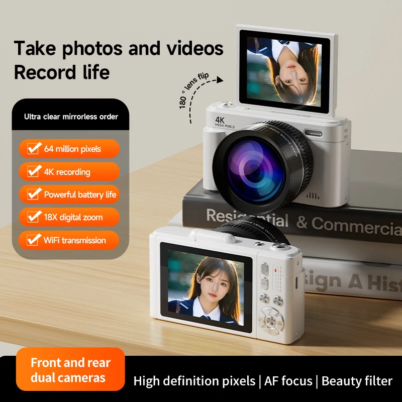 Цифровая камера 4K 64MP HD с 18-кратным зумом, автофокусом, компактная цифровая камера в стиле ретро с экраном 2,8 дюйма для путешествий, фотосъемки, видеоблогов