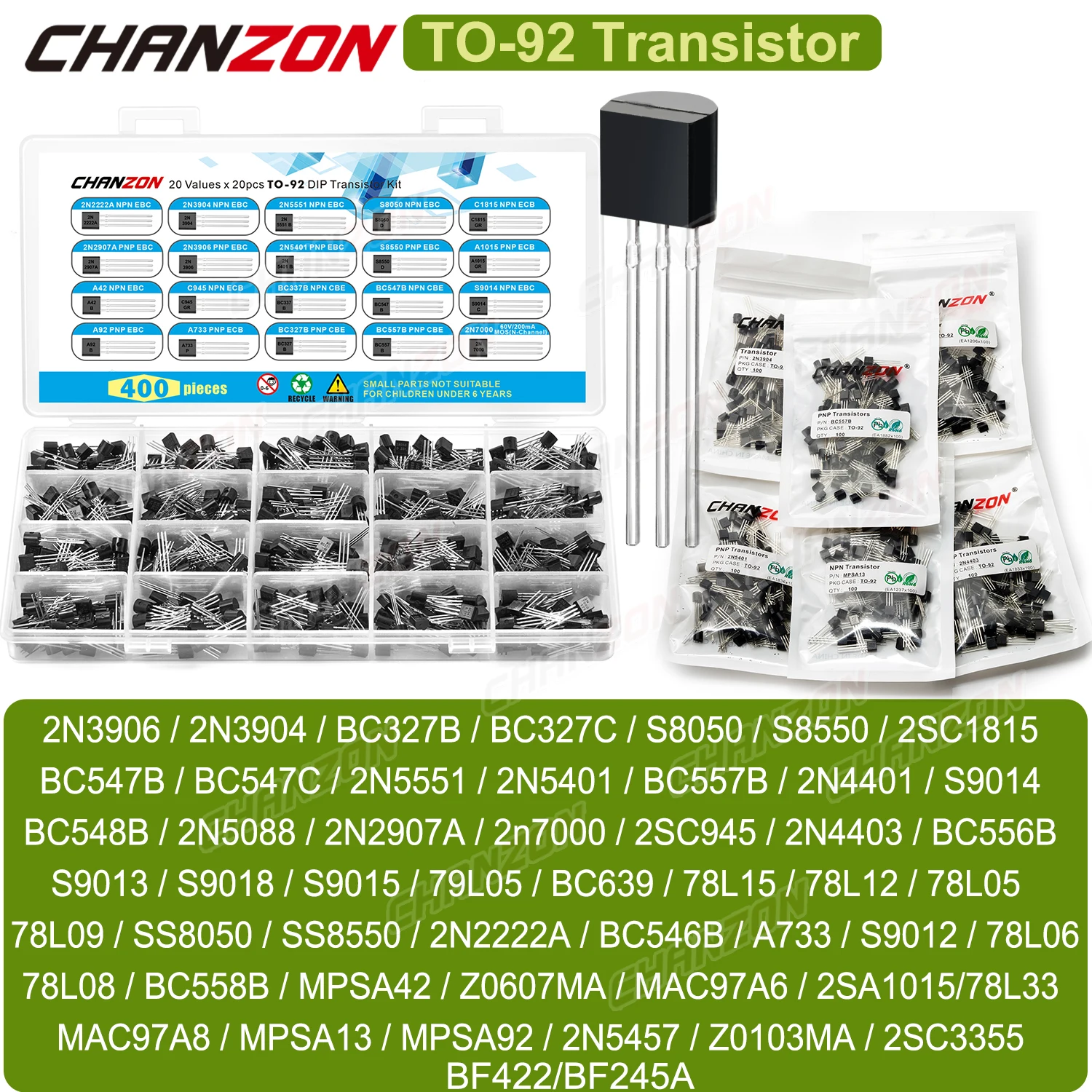 20Values TO-92 Transistor Kit 2N3906 2N3904 BC327 S8050 S8550 C1815 BC547B BC547C 2N5551 2N5401 BC557B 2N4401 S9014 BC548B