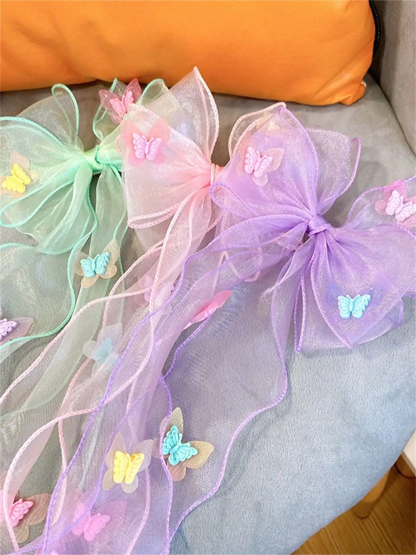 1 summer new fresh and cute super fairy net gauze butterfly streamer Hair hair with bow braid top clip clip hair accessories