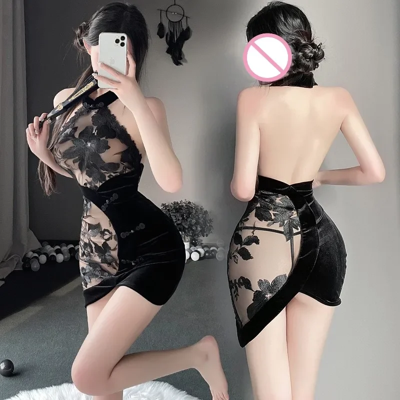 Chinese Traditional Cheongsam Mini Dress Sexy Cosplay Women Lingerie Lace See-through Embroidery Backless Halter Qipao