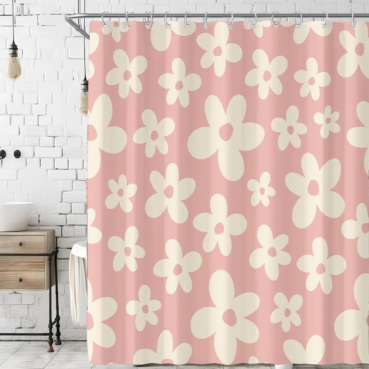 

Pink Flower Shower Curtain Retro Floral Design Bathroom Decor Vintage Style Cute Pattern Bath Accessory Modern Home Decor