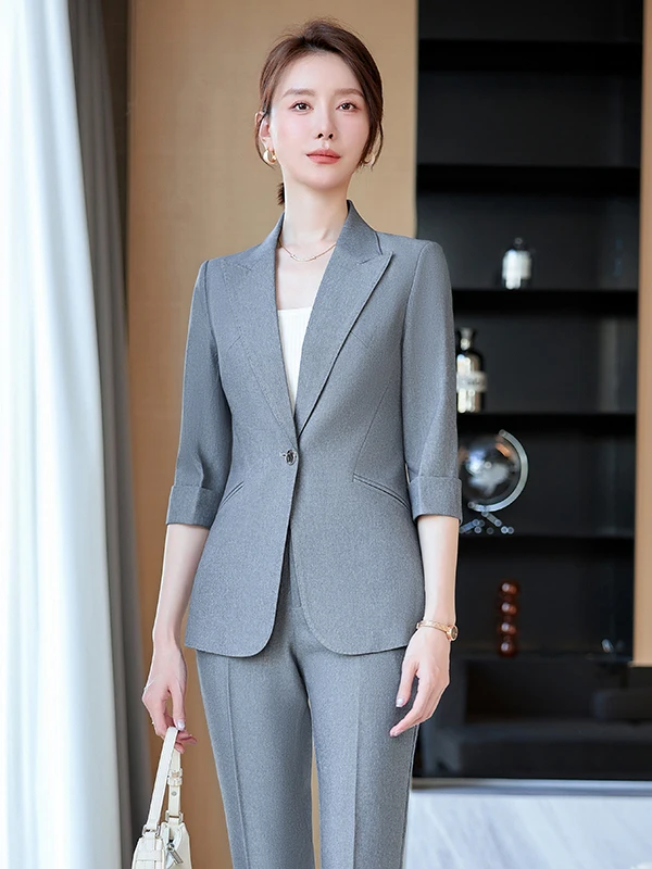 Gray Suit Women's Jacket Thin Seven-Quarter Sleeve Formal High-End Feeling Professional Workwear Ensemble Spring New Style