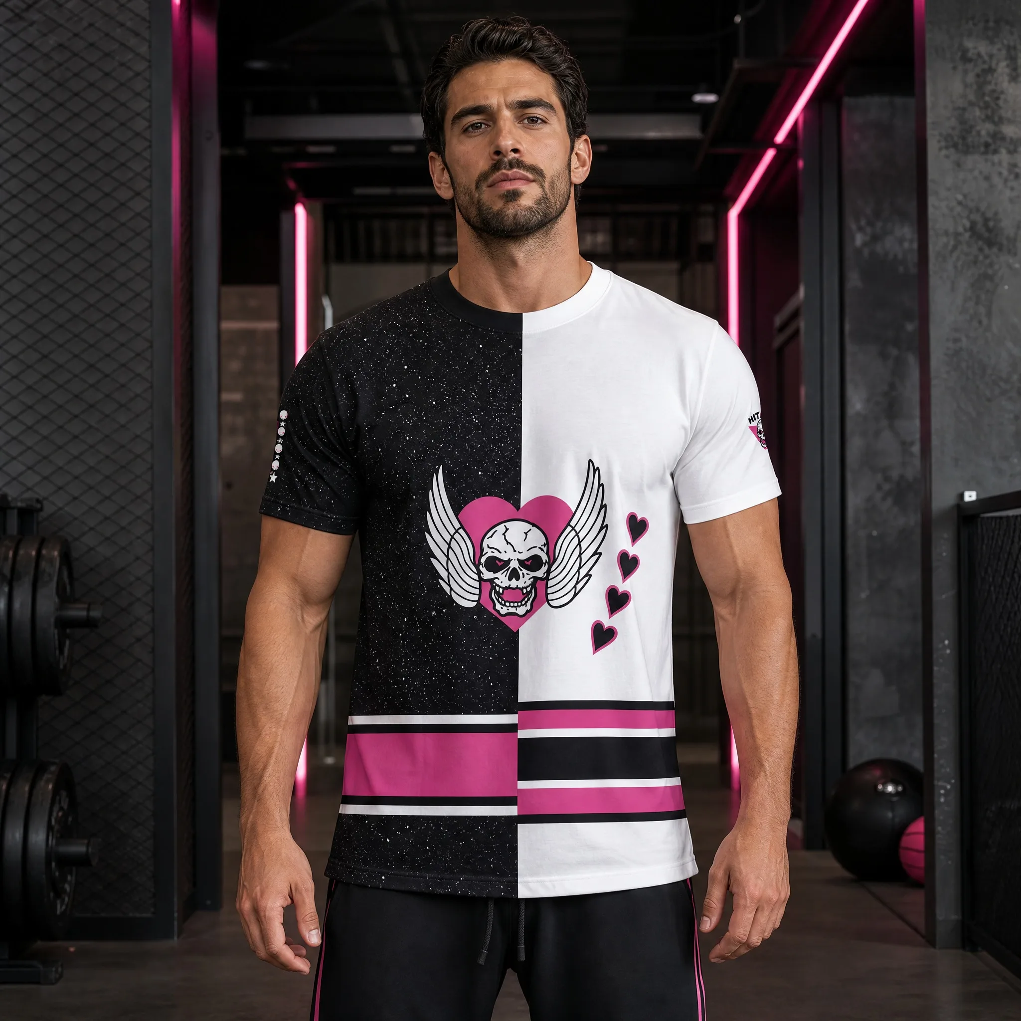 Herren-Bret-Hitman-Hart-Ringer-T-Shirt, schwarz-weiß, mit aufgesetztem rosa Herz, schlangenförmigem Totenkopf und Flügeln, 84, vorne und hinten bedrucktes T-Shirt. – Detail 5
