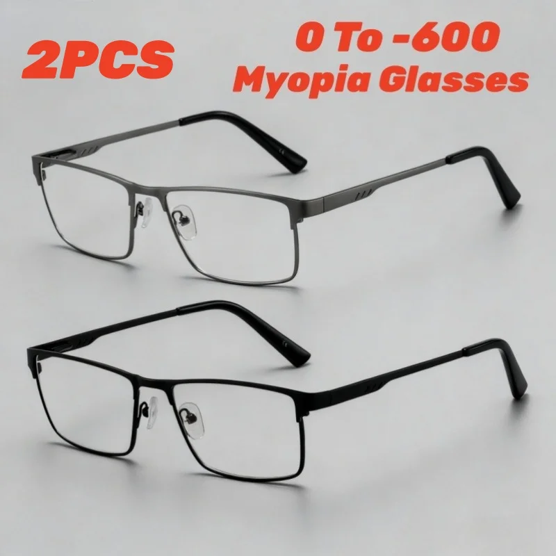 

2PCS Men's Metal Half-Frame Classic Business Style Myopia Glasses Small-Frame Square Spring-Leg Minus Diopter Eyeglasses To -6.0