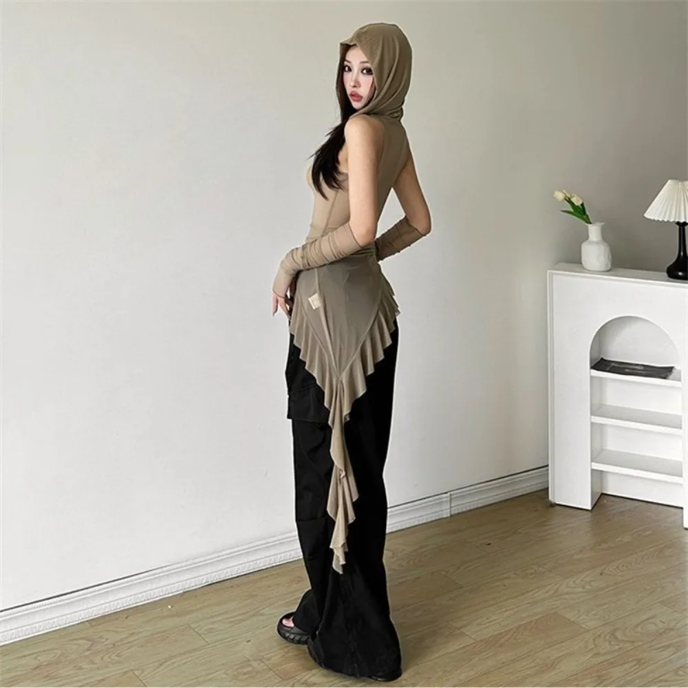 

Корейская футболка Y2K Ins с сетчатым поясом в форме медузы, сетчатая талия, прозрачные облегающие топы, нерегулярные плиссированные ленты, толстовка с рюшами