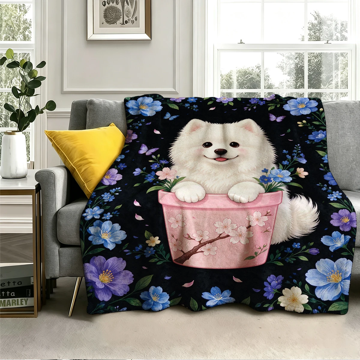 Pomeranian Sakura Pot Floral Flannel Blanket Warm Soft Halloween Christmas Decorative Couch Warm Cozy All-Season Gift