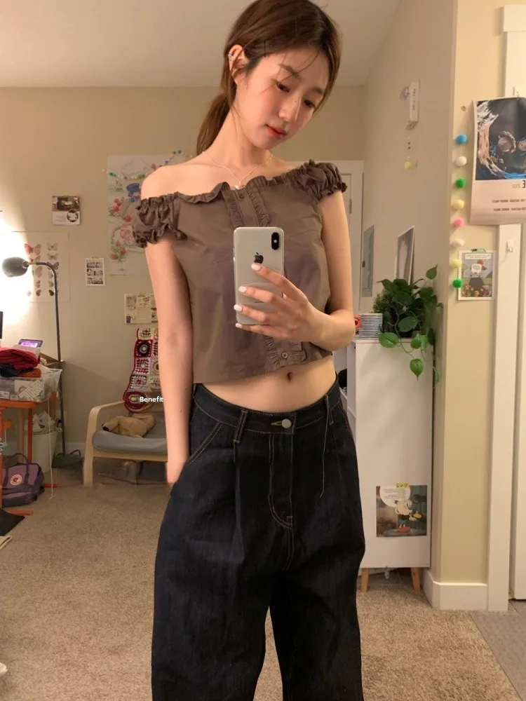 Haut amincissant coréen Sle Sweet Simple Pure Desire Bubble Sve One oulder irt pour jeunes femmes ort Sve coupe droite