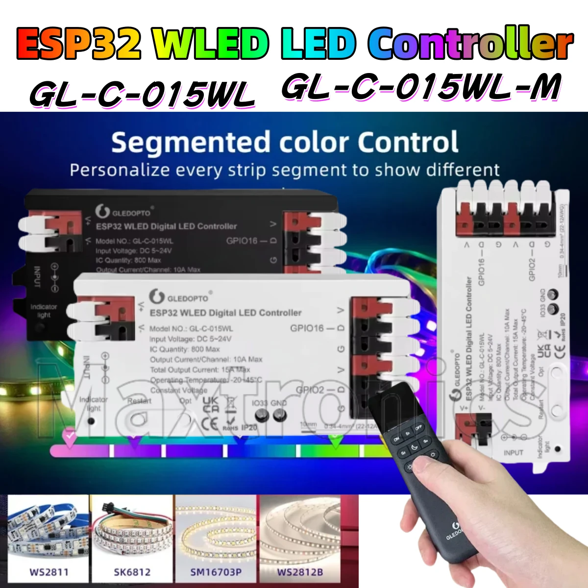 GL-C-015WL/GL-RC-001WL NEW ESP32 WLED LED Controller IO33 DIY App WS2811 WS2812 SK6812 TM1814 WS2813 WS2815 RGB IC Strip Lights