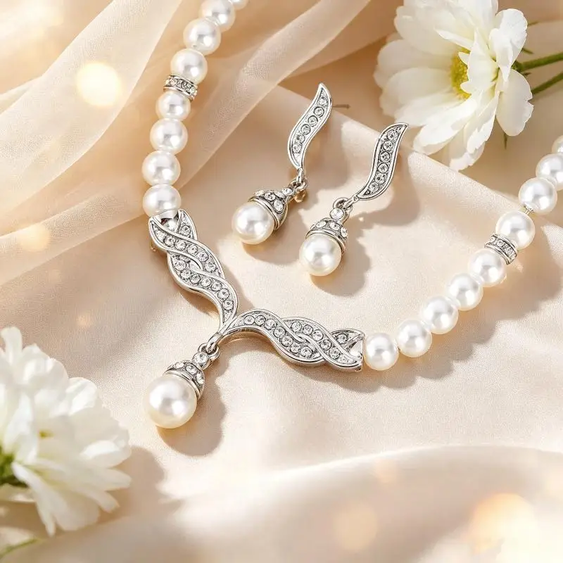 2Pcs Creative Silver Tone Color Necklace + 1 Pair Earrings Wedding Bridal Pearl Jewelry Set For Women Lady Female