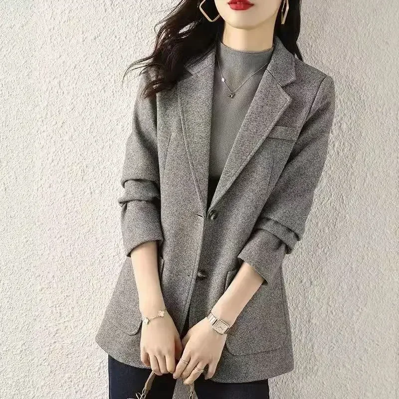 Blazer grigio Donna Lana e misto Abbigliamento Tweed Giacca solida Capispalla Cappotti slim per le donne Recensioni coreane Molte moda 2024 Porta