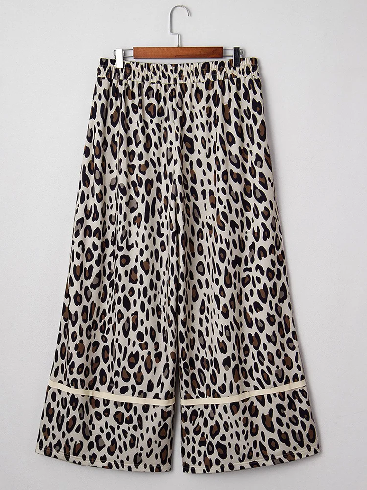 GIBSIE Plus Size Leopard Print Drawstring Elastic Waist Casual Pants For Women Spring Autumn Pockets Loose Wide Leg Pants