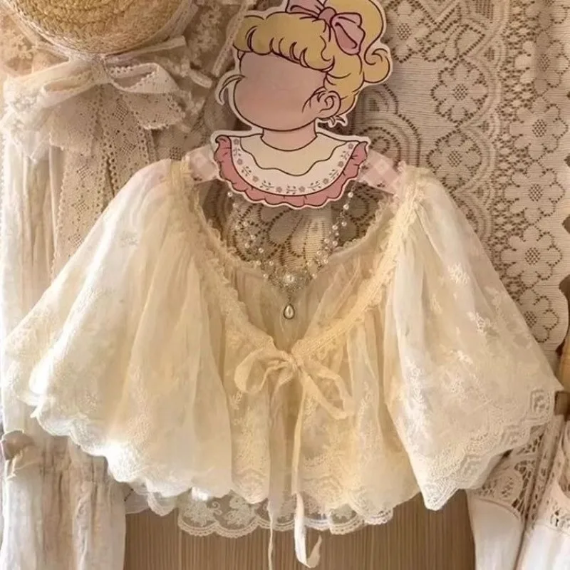 Lolita Sweet Lace Shawl Women Versatile Drawstring Doll Collar Sweet Fake Forest Japanese Retro Fashion Embroidery Tops New