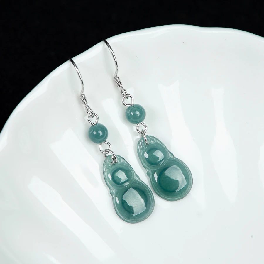 

TIMESWIND Premium Natural A-type Jade Blue Gourd Pendant S925 Silver Trendy Women Earring with Certificate