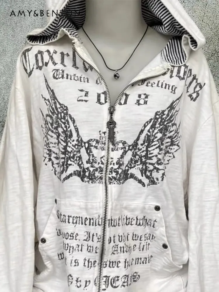 Subculture Punk Style Rock Goth Long Sleeve Hoodies Women Y2k Hot Girl Vintage Print Hoodie High Street Oversized Zip Up Hoodie