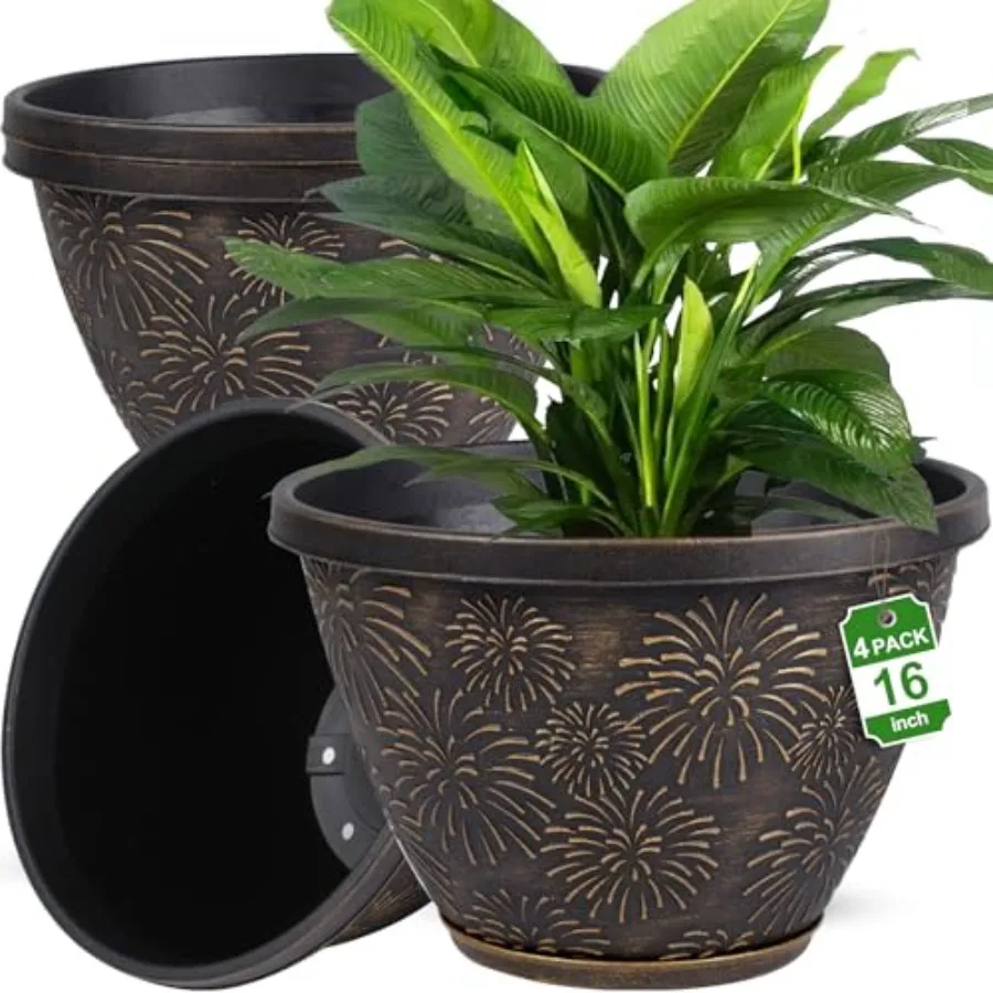 

4 Pack Large Plant Pots with Drainage Holes and Saucers, Firework Embossed Res Planters, Flower Pots for door Outdoor, Perfect