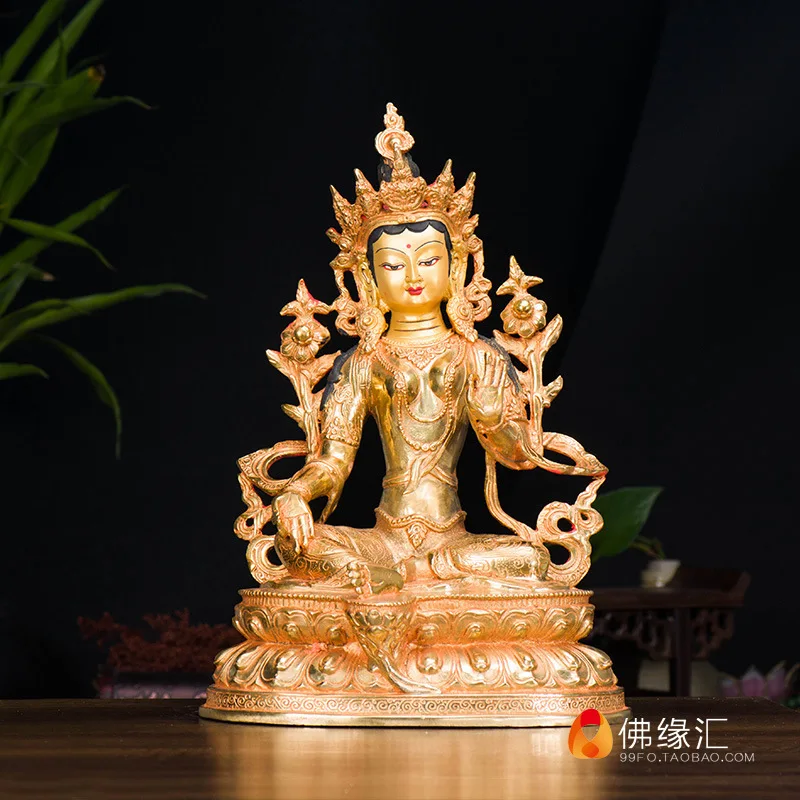 Tibetan-style Buddhist worship ornament, 10-inch domestic copper, fully gilded, double-layered lotus base, Green Tara Buddha sta