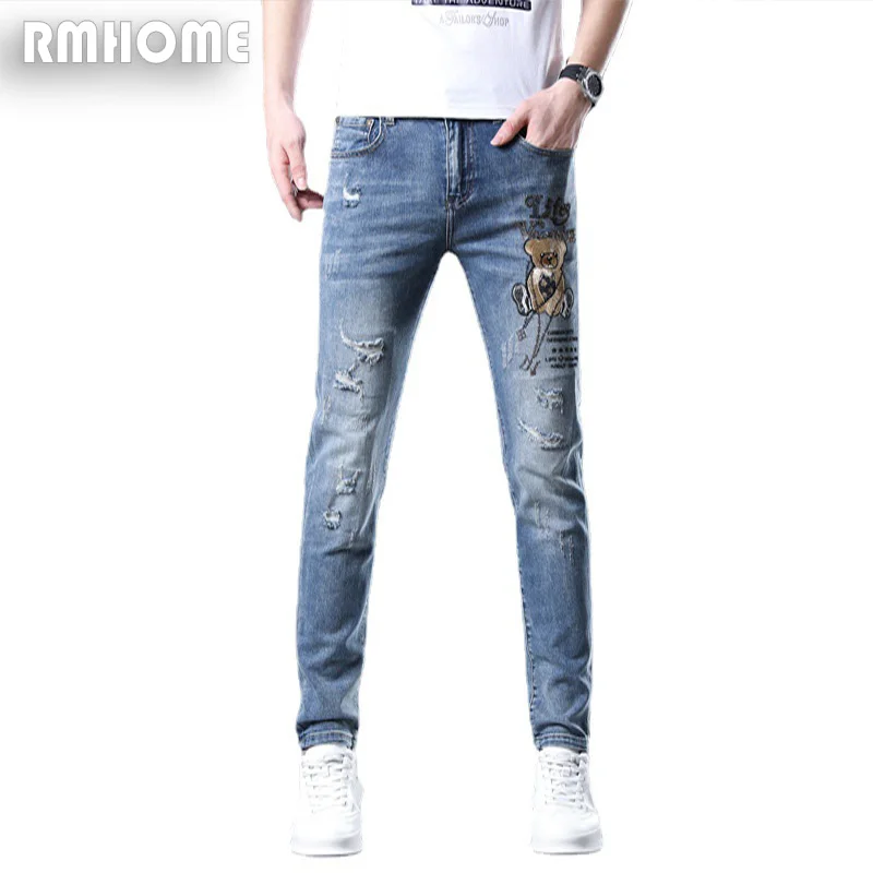 Men's Jeans Mid-rise Blue Leggings Pants Four Seasons Regular  2023 Fashion Bear Embroidery Jeans Slim Feet Trousers Clothing