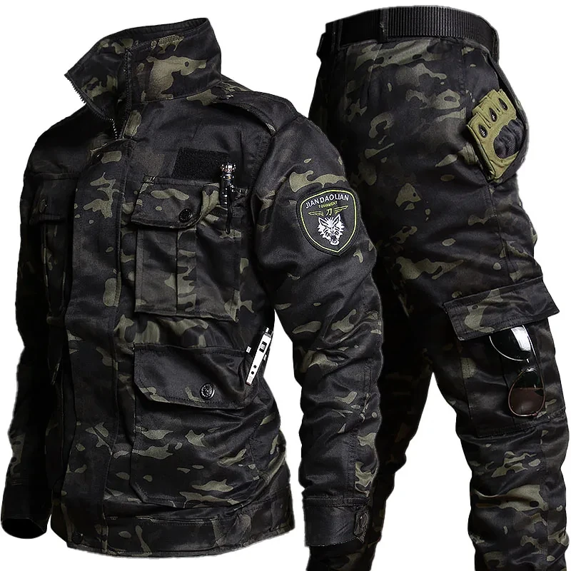 Camouflage Tactical Sets Men Multi-Pockets Wear-resistant Combat Jacket+cargo Pants Outdoor Training Fishing Suits Male