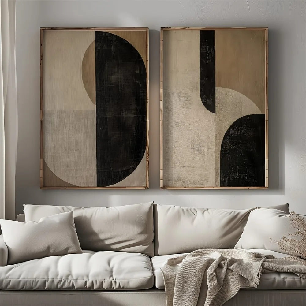 2 Frameless Retro Geometric Abstract Japanese Wall Art Posters Canvas Printing Black Beige Simple Living Room Modern Home Decor
